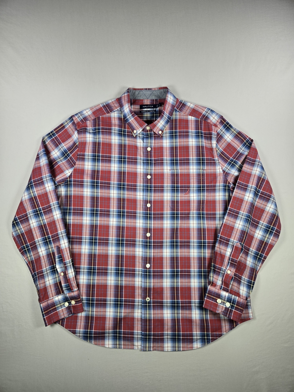 Nautica Men's Classic Fit Stretch Plaid Button Down Shirt - XL - Red Blue White